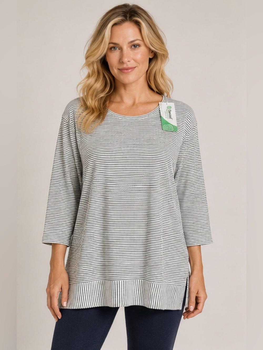 LANDSEND Women’s Plus 3/4 Sleeve Swing Tunic Cooling Cotton/Tensel, Black/White